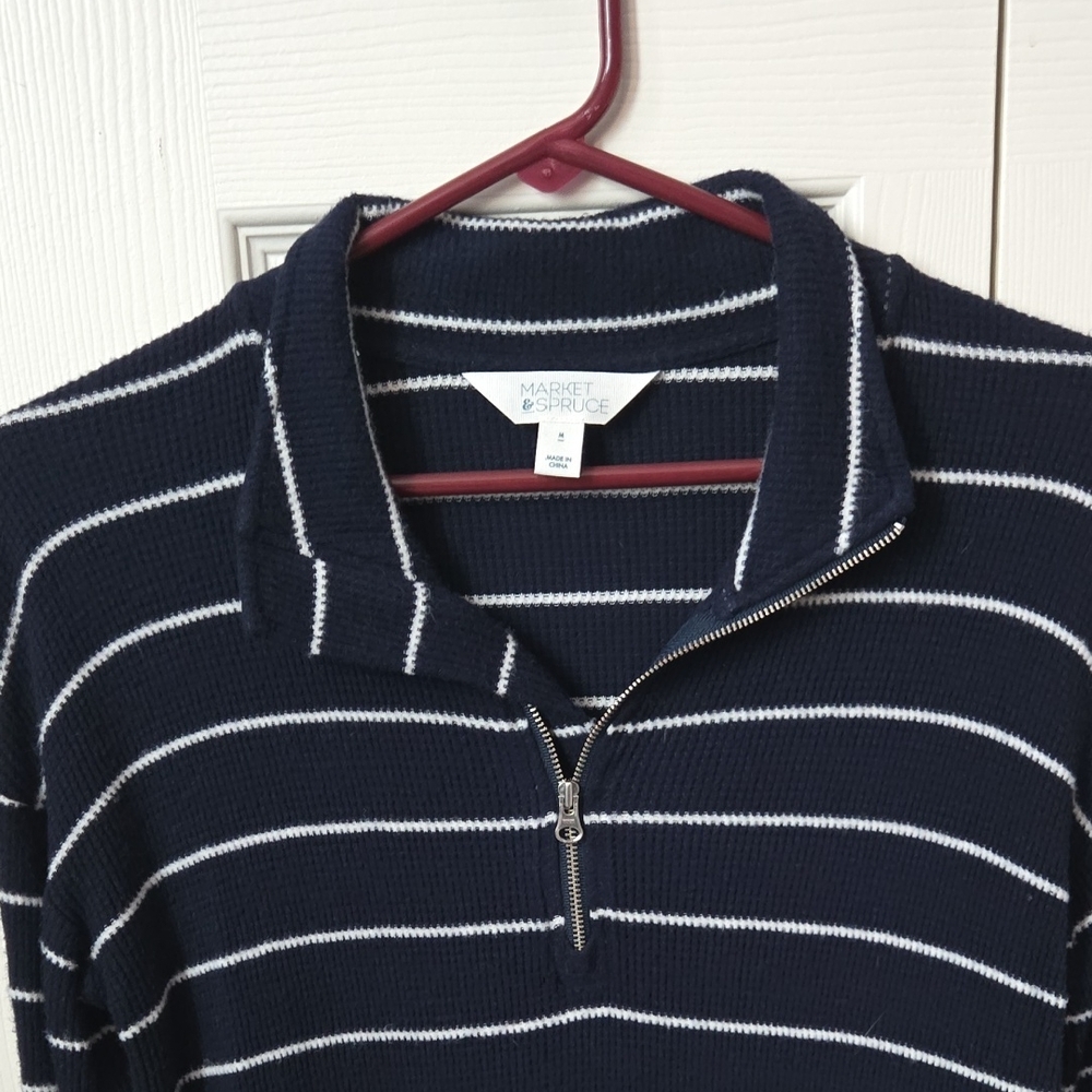 Market & Spruce Navy and White Striped Half-Zip Sweater